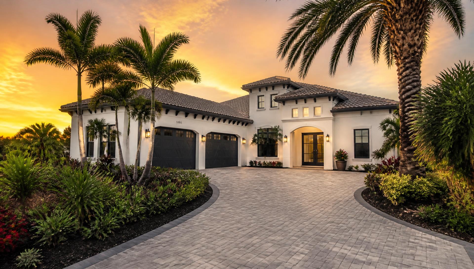 Freshly cleaned upscale Florida home with paver driveway at sunset